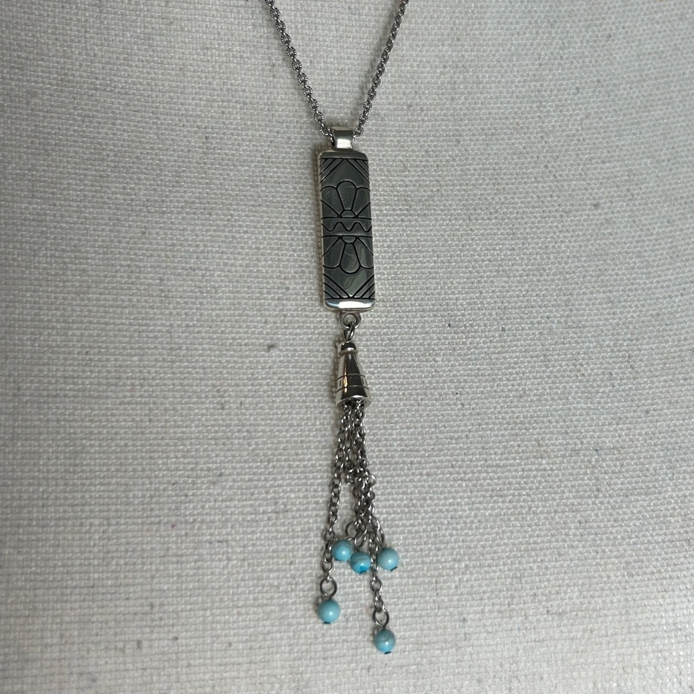 Brighton Marrakesh Mesa Necklace Tassel Turquoise Hue Silver Plated Etched Bar - Picture 5 of 15